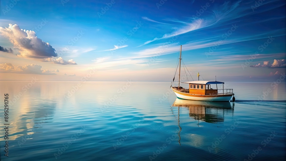 Fototapeta premium Boat sailing on the calm sea , boat, ocean, water, transportation, voyage, travel, adventure, horizon, waves, blue, peaceful