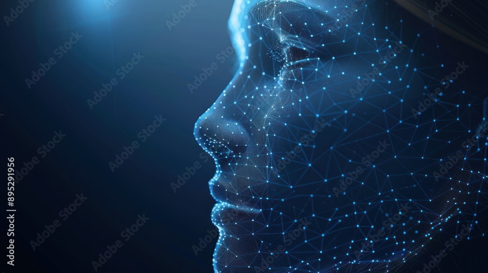 A digital representation of a human face rendered in a futuristic abstract style A digital representation of a human face rendered in a futuristic abstract style