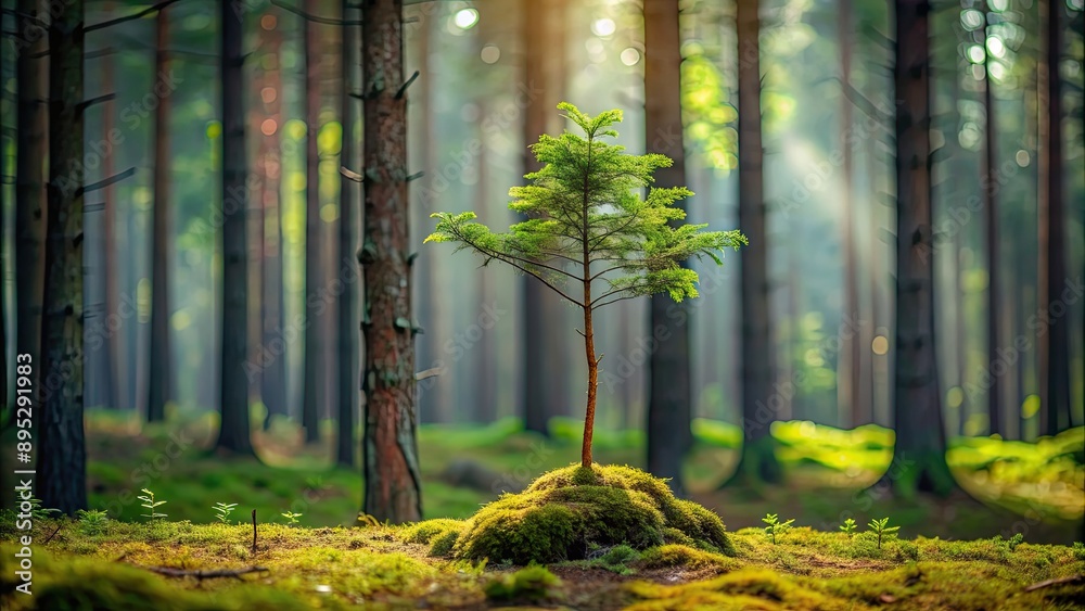 A small tree standing tall among a dense forest, nature, environment, woods, growth, contrast, solitude, unique A small tree standing tall among a dense forest, nature, environment, woods, growth, contrast, solitude, unique