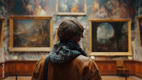 A person admiring a piece of art, great for cultural or artistic themes