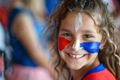 A young girl, a fan of France, painted with the French flag on her face smiles at the camera in paris  olympic