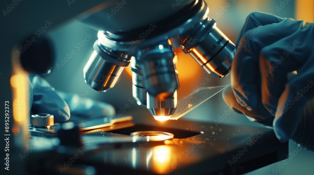 A Gloved Hand Carefully Places A Glass Slide Under The Lens Of A Powerful Microscope A Gloved Hand Carefully Places A Glass Slide Under The Lens Of A Powerful Microscope