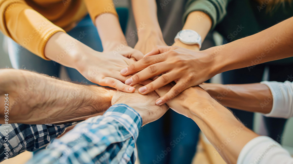 Stack of hands showing unity and teamwork Stack of hands showing unity and teamwork