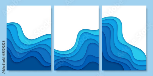 Blue water paper cut waves, sea and ocean ripple. 3d vector papercut empty banners or frames with wavy layers for environment or World Water day. Poster templates for Save the Oceans day 8th June