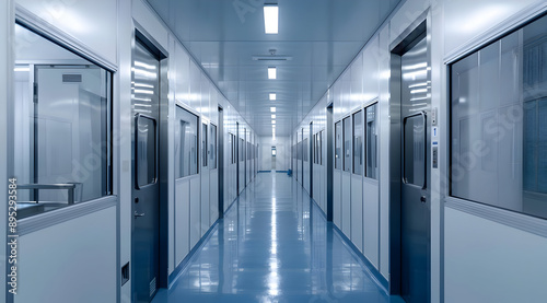 A pristine, sterile laboratory corridor with bright lighting and multiple doors, reflecting a clean and modern scientific environment.