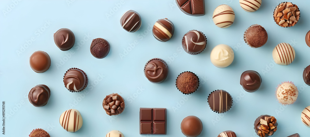 Assorted gourmet chocolates on a light blue background. Variety of flavors and designs, perfect for a sweets lover or dessert decoration. Assorted gourmet chocolates on a light blue background. Variety of flavors and designs, perfect for a sweets lover or dessert decoration.