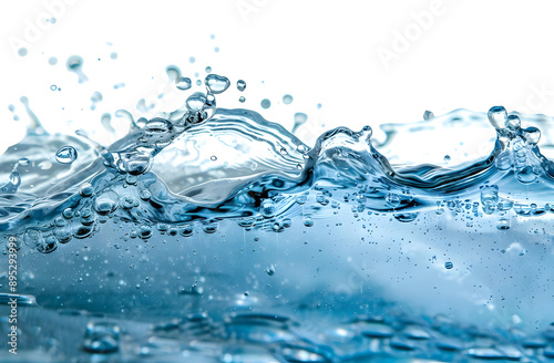 Close-up shot of dynamic water splashing, capturing the clarity and motion of the fluid in a high-speed photograph against a white background.