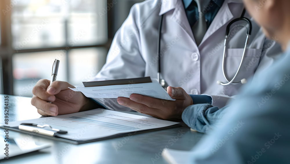 Doctor consulting a patient, reviewing medical notes and discussing treatment options in a modern clinic setting. Doctor consulting a patient, reviewing medical notes and discussing treatment options in a modern clinic setting.