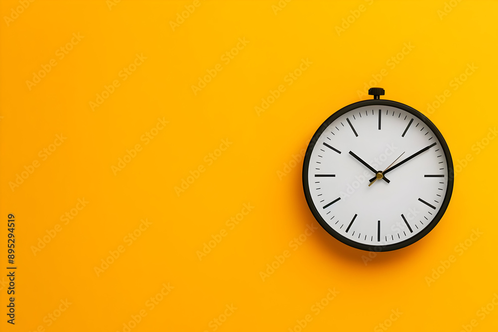 Minimalistic black wall clock on a vibrant yellow background, illustrating the concept of time management, punctuality, and modern design. Minimalistic black wall clock on a vibrant yellow background, illustrating the concept of time management, punctuality, and modern design.