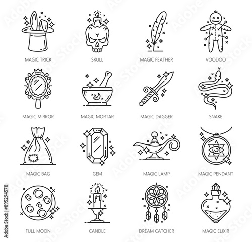 Witchcraft and magic icons. Mystery, esoteric, astrology symbols of vector outline witch and wizard magical skull, candle, elixir and pendant. Thin line magician hat, voodoo and alchemy crystal