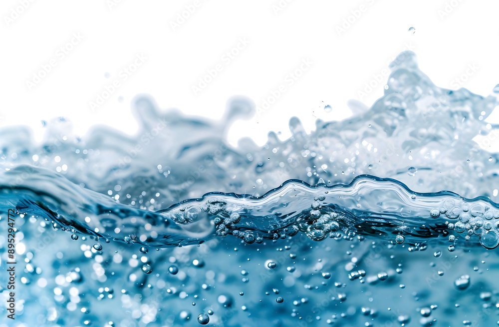 Refreshing wave of clean water with bubbles splashing in motion against a white background, ideal for nature and hydration concepts. Refreshing wave of clean water with bubbles splashing in motion against a white background, ideal for nature and hydration concepts.