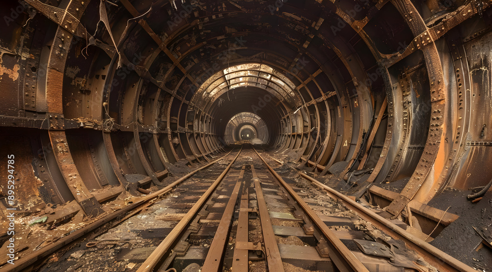 Rusty abandoned subway tunnel with metal tracks, collapsed sections, and remnants of a bygone era, evoking a post-apocalyptic atmosphere. Rusty abandoned subway tunnel with metal tracks, collapsed sections, and remnants of a bygone era, evoking a post-apocalyptic atmosphere.