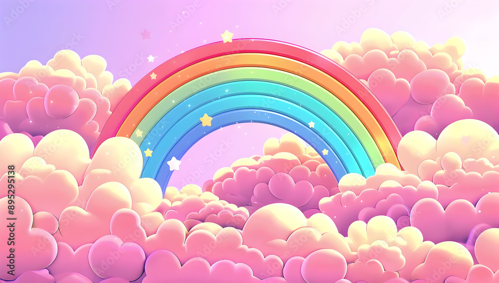 Vivid rainbow arcs across fluffy pink clouds in a dreamy pastel sky, creating a magical and whimsical atmosphere. Vivid rainbow arcs across fluffy pink clouds in a dreamy pastel sky, creating a magical and whimsical atmosphere.