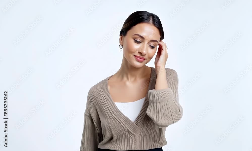 Lifestyle portrait video of a satisfied woman in her 30s that is wearing a chic cardigan against a white background