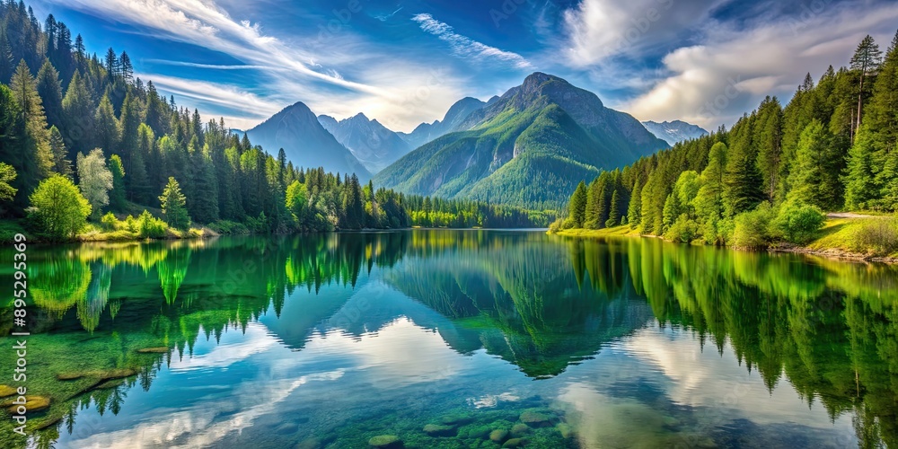 A breathtaking view of a serene lake surrounded by lush green forests and majestic mountains , nature, landscape A breathtaking view of a serene lake surrounded by lush green forests and majestic mountains , nature, landscape