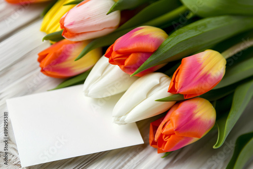Wallpaper Mural Springtime Sentiments: A vibrant bouquet of tulips adorns a rustic wooden table, a blank card inviting heartfelt messages of love and appreciation.  Torontodigital.ca
