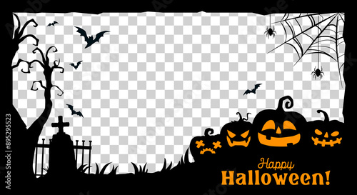 Halloween social media post frame template with pumpkins, spiders and bats vector silhouettes. Halloween horror holiday frame with border lines of spooky cemetery, cobweb, tombstones and creepy trees