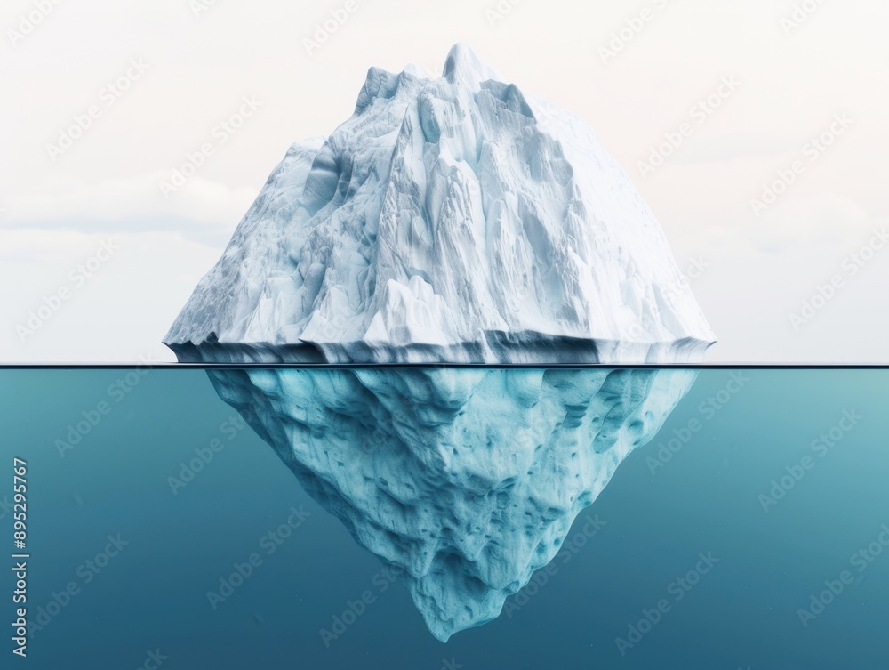 Obraz premium Melting Iceberg in Ocean, symbolizing climate change, cool hues dominate the scene, isolated on white for text space, showcasing depth and detail of the iceberg's form.