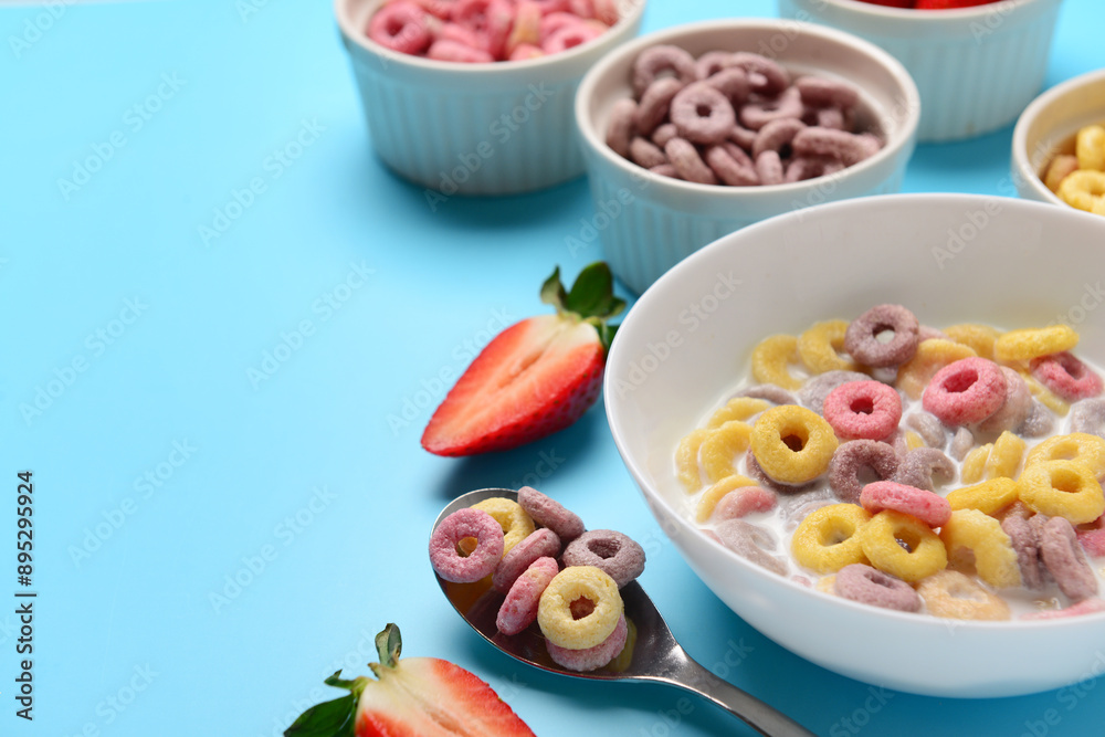 Bowls of colorful sweet cereal rings with milk and cut strawberry on blue background Bowls of colorful sweet cereal rings with milk and cut strawberry on blue background