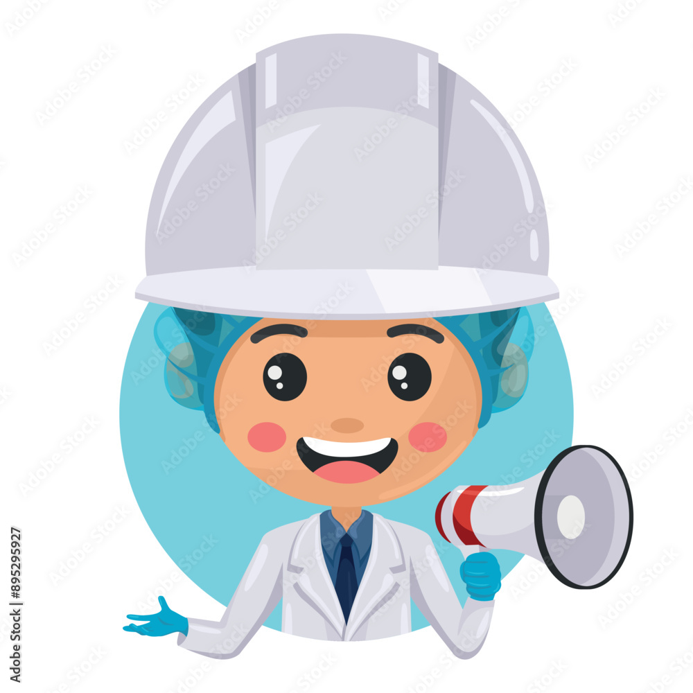 Quality control supervisor in food production line making an announcement with a megaphone. Food industry engineer. Chief food safety. Science, technology and safety in food production and processing Quality control supervisor in food production line making an announcement with a megaphone. Food industry engineer. Chief food safety. Science, technology and safety in food production and processing
