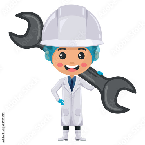 Quality control supervisor in food production line carrying a wrench. Agro-industrial engineer or food industry. Chief food safety. Science, technology and safety in food production and processing