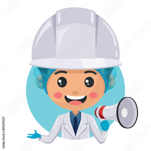 Quality control supervisor in food production line making an announcement with a megaphone. Food industry engineer. Chief food safety. Science, technology and safety in food production and processing