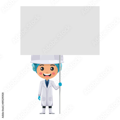 Quality control supervisor in food holding a banner at a protest march or mobilization. Poster with space to copy and paste text. Food industry engineer. Safety in food production and processing