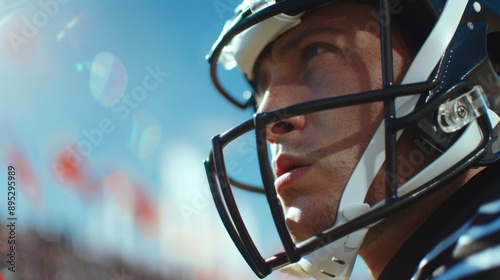 A close-up shot of a football player wearing a helmet, ideal for sports-themed projects