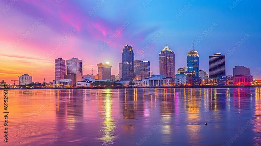 scenic view to New Orleans skyline in morning light from river Mississippi, Louisiana, USA scenic view to New Orleans skyline in morning light from river Mississippi, Louisiana, USA