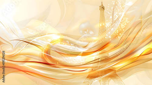 abstract vector illustration of the paris olympic torch in front of the eiffel tower, with a light background and golden and white colors