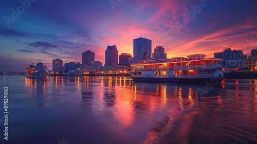 scenic view to New Orleans skyline in morning light from river Mississippi, Louisiana, USA