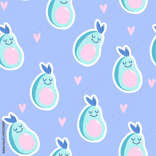 Fashion tropics fruit funny wallpapers. Seamless pattern of avocado with cute face on lilac background. Bright summer illustration design for kids, baby fabric and decor print