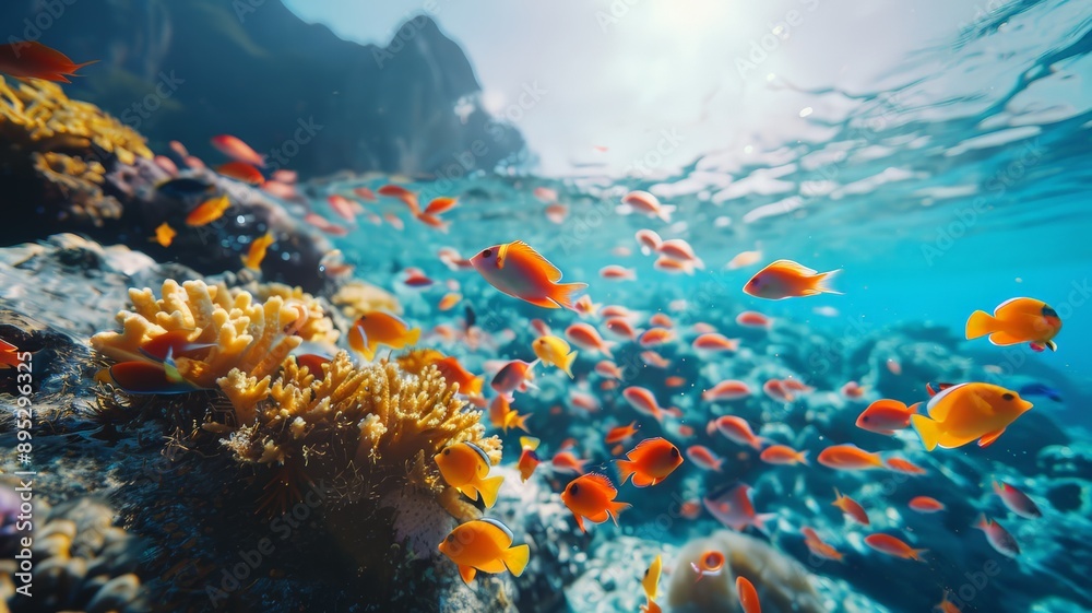 Fototapeta premium Seascape view of Colorful fishes in the blue ocean