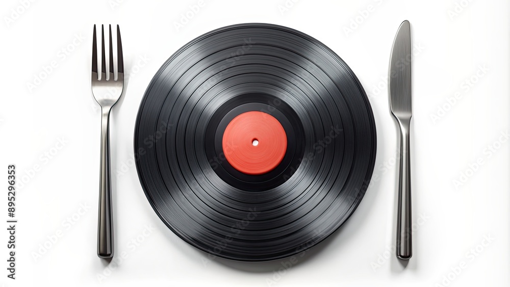 Vinyl record plates in the shape of fork and knife silhouette, representing good taste in music, vinyl record, plates, fork Vinyl record plates in the shape of fork and knife silhouette, representing good taste in music, vinyl record, plates, fork
