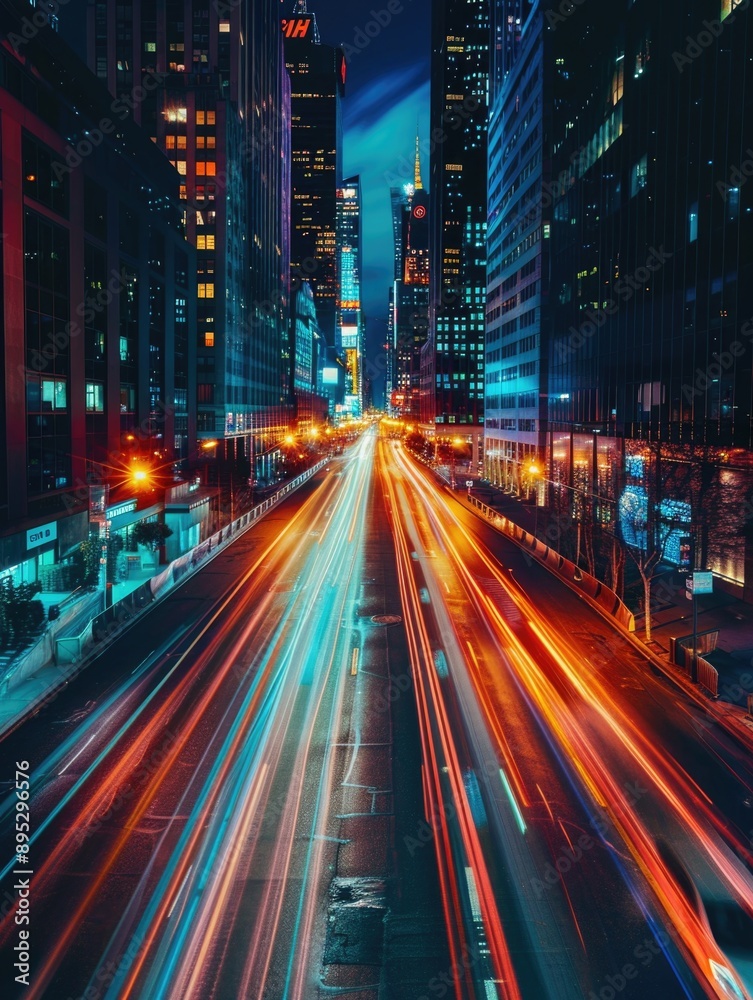 A bustling urban street at night with cars, buses, and taxis moving through the area A bustling urban street at night with cars, buses, and taxis moving through the area