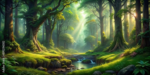 Fototapeta Naklejka Na Ścianę i Meble -  Enchanting forest landscape with dense woods and lush greenery, forest, background, trees, nature, greenery, foliage