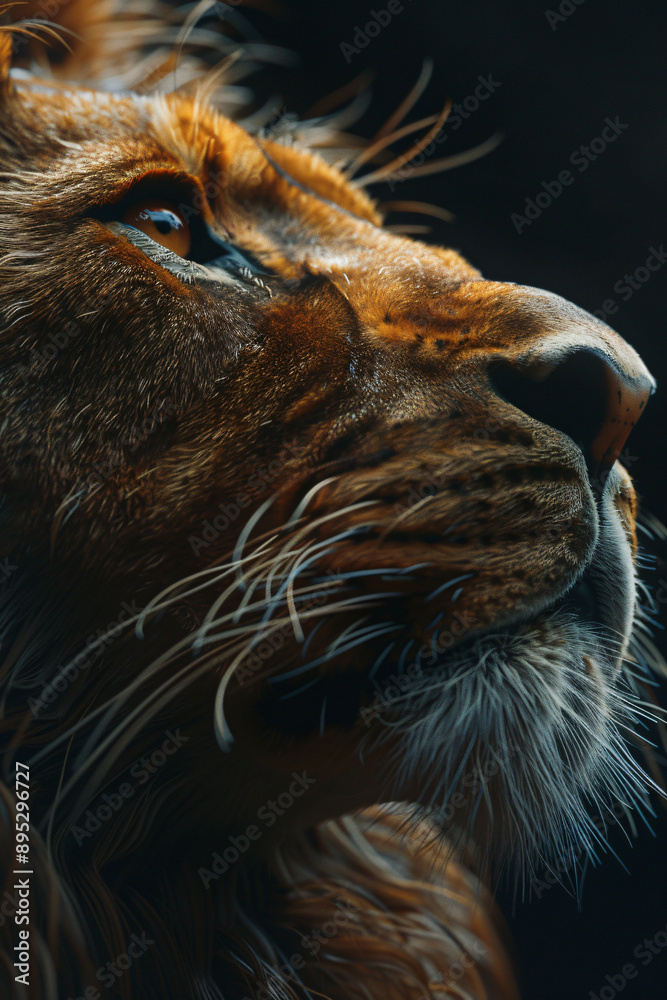 Naklejka premium Lion's Gaze: A majestic lion, bathed in warm light, gazes intensely towards the horizon, its piercing blue eyes reflecting strength and wisdom. The close-up shot highlights the intricate details of it