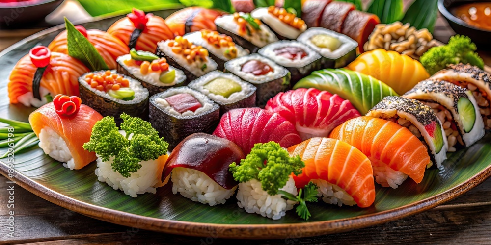 Close-up shot of a beautifully arranged platter of sushi, sashimi Close-up shot of a beautifully arranged platter of sushi, sashimi