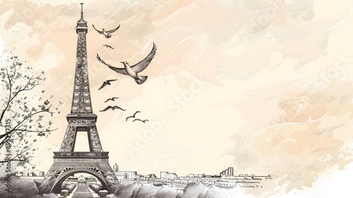 A sketch of the Eiffel Tower with a grungeinspired background photo