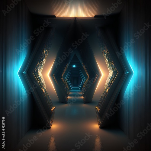 Dark futuristic corridor with glowing neon lights, 3d rendering abstract background photo