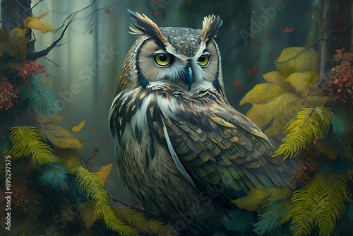 Beautiful owl in the forest. Illustration. Digital painting. photo