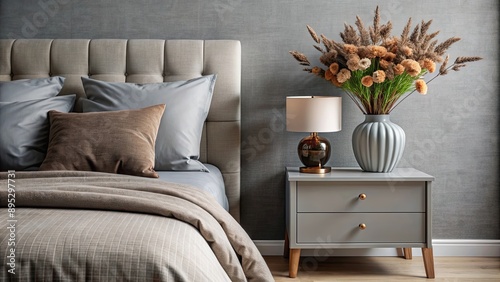 Fototapeta Naklejka Na Ścianę i Meble -  Close up of a cozy grey bed and bedside table with brown flowers in a vase, bedroom, cozy, home decor