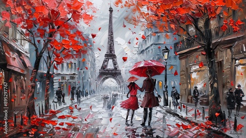 oil painting, woman with an umbrella, walk in Paris, artwork on canvas