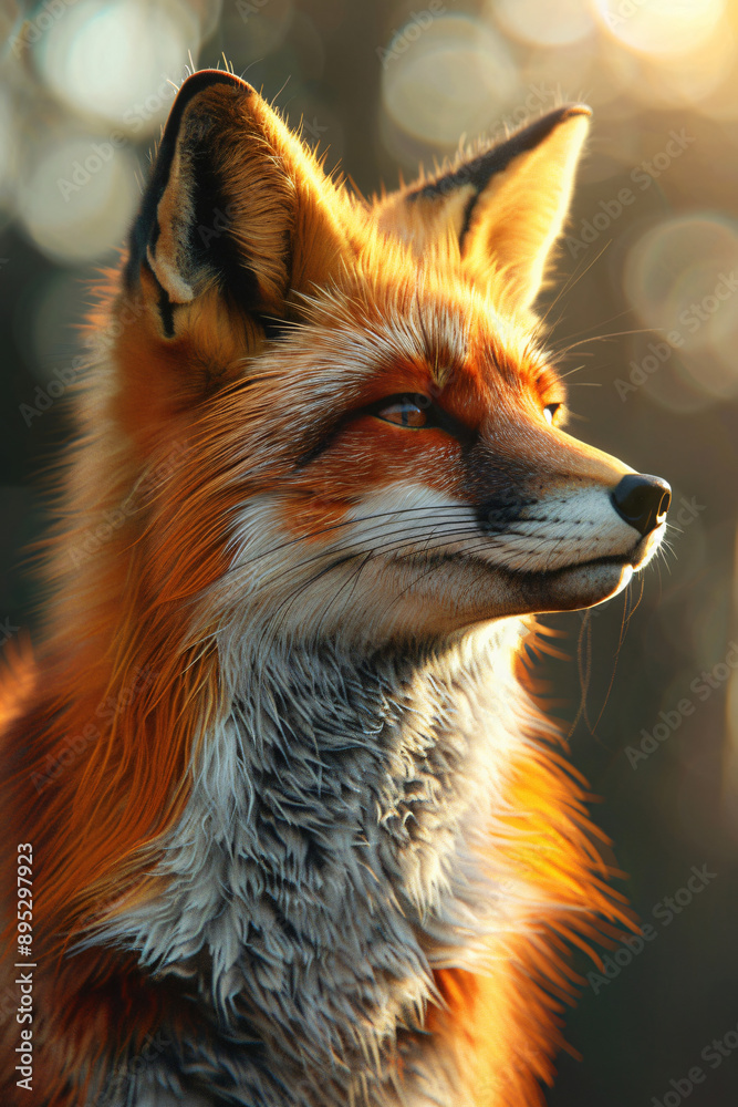 Obraz premium Golden Hour Fox: A majestic red fox bathed in the warm glow of sunset, its piercing gaze captivating the beauty of the wild. 