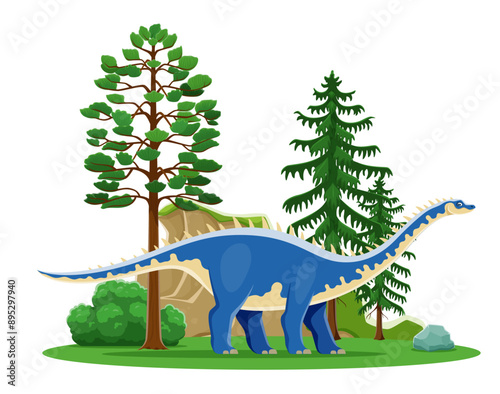 Kotasaurus cartoon prehistoric dinosaur character. Isolated vector ancient herbivore reptile animal in natural environment with rock, trees and green plants. Early Jurassic paleontology era lizard