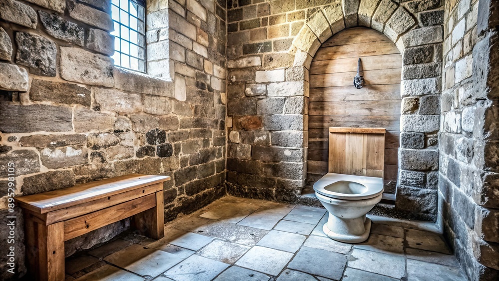 Medieval castle toilet with stone walls and wooden seat, castle, medieval, toilet, chamber pot, stone walls Medieval castle toilet with stone walls and wooden seat, castle, medieval, toilet, chamber pot, stone walls