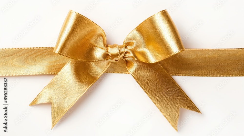 A gold ribbon bow is shown on a white background A gold ribbon bow is shown on a white background