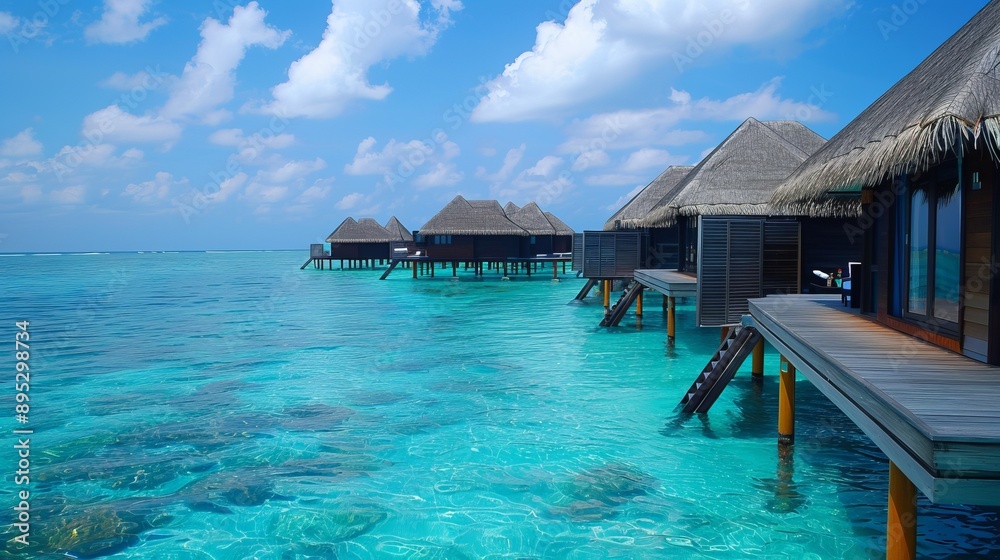 Close aerial over water bungalows in lagoon Close aerial over water bungalows in lagoon