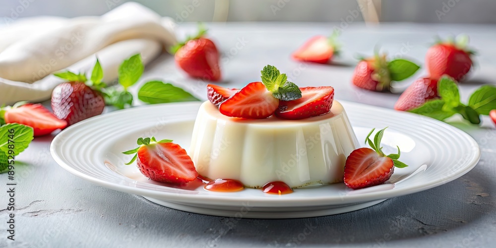 Panna Cotta with fresh strawberries on a white plate, perfect for party dessert table or catering display, Panna Cotta Panna Cotta with fresh strawberries on a white plate, perfect for party dessert table or catering display, Panna Cotta
