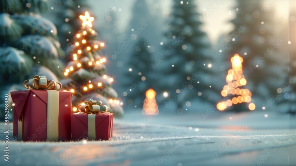 A red and gold box with a bow sits next to a tree in a snowy forest A red and gold box with a bow sits next to a tree in a snowy forest